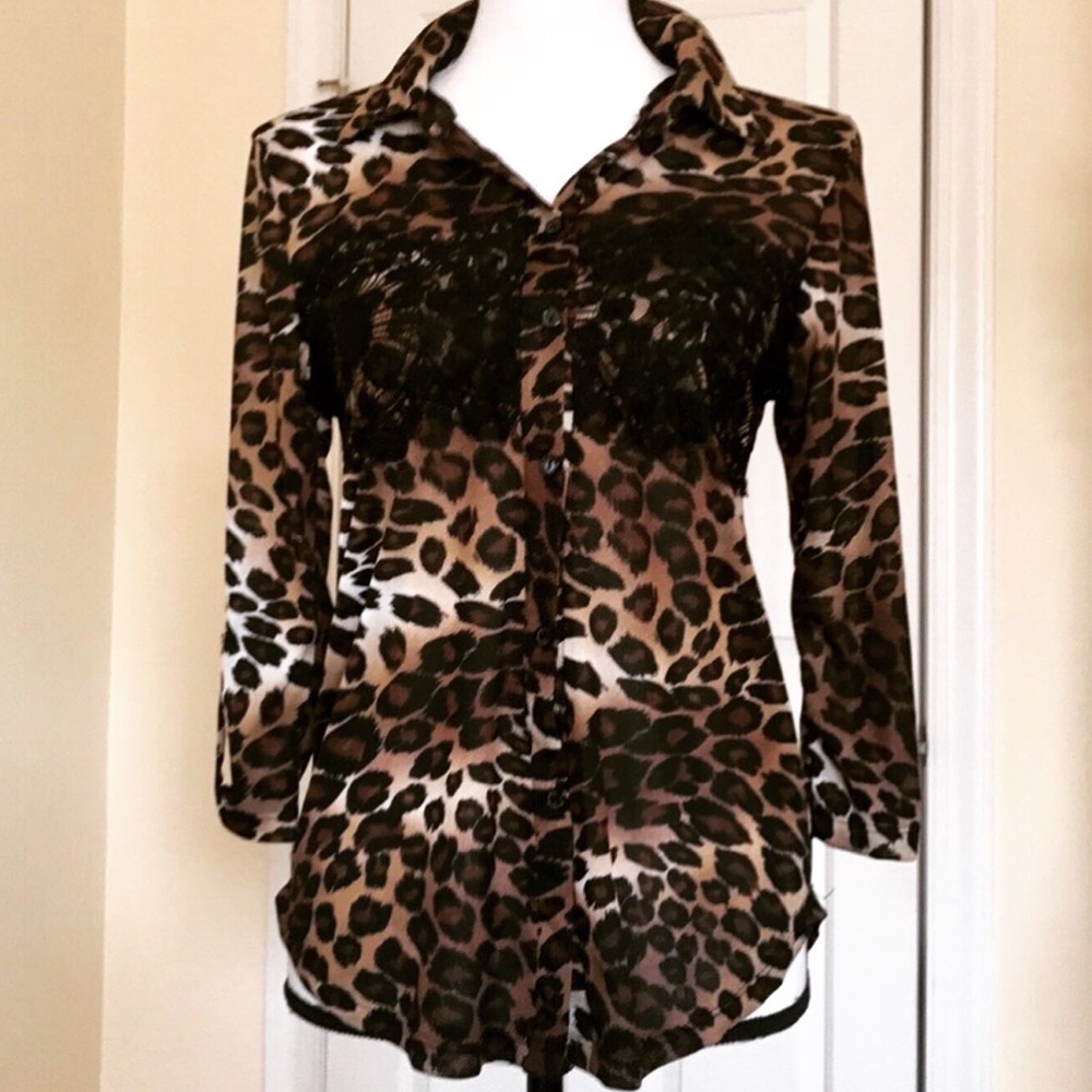 Leopard Print Embroidered Button Up Blouse - image 1